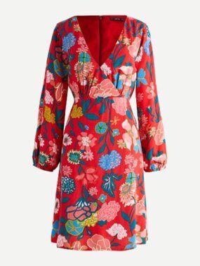 J crew Women’s V-Neck Red Floral Mini Dress Long Sleeve Sz 2